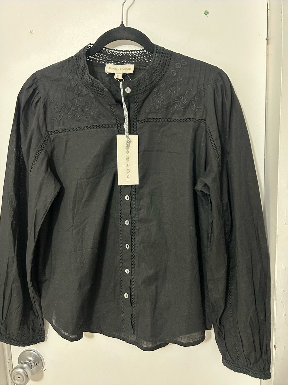 Jennifer & Grace Black Embroidered Button-Front Blouse